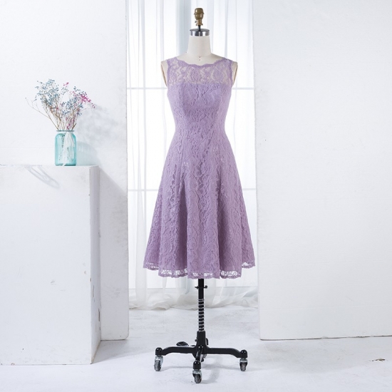 A-Line Round Neck V-Back Short Lilac Lace Bridesmaid Dress - Click Image to Close