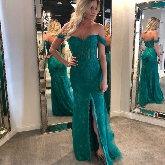 Mermaid Off-the-Shoulder Long Dark Green Prom Dress with Appliques - Click Image to Close