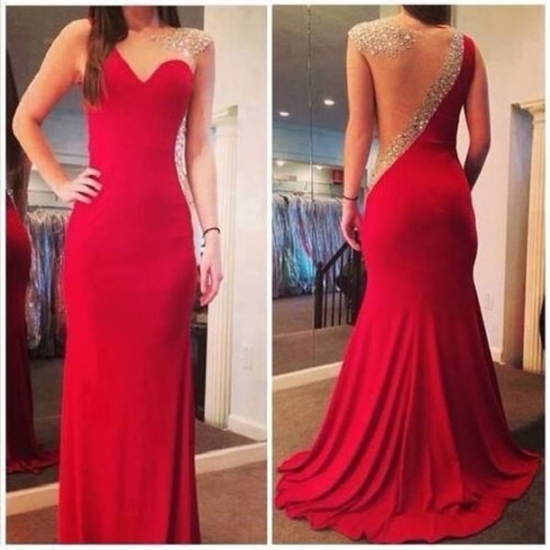 Luxurious Sheath Scoop Sweep Train Chiffon Red Evening/Prom Dress With Beading - Click Image to Close