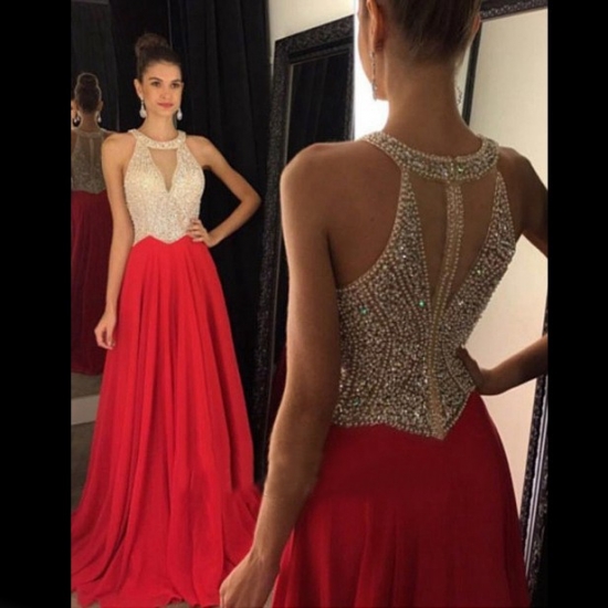 Elegant Long Prom Dress - Red O-Neck with Beaded Gown for Women - Click Image to Close