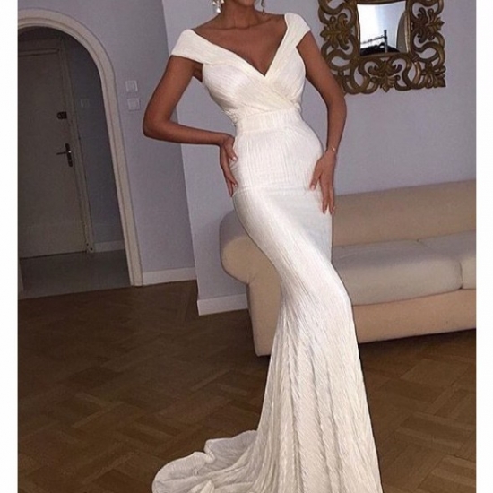 Elegant V-neck Cap Sleeves Long White Mermaid Prom Dress Sweep Train - Click Image to Close