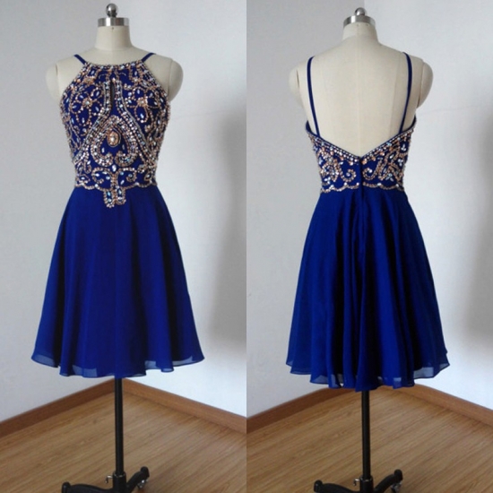 Hot Sale Spaghetti Straps Short Royal Blue Homecoming Dresses Beaded Rhinestones - Click Image to Close