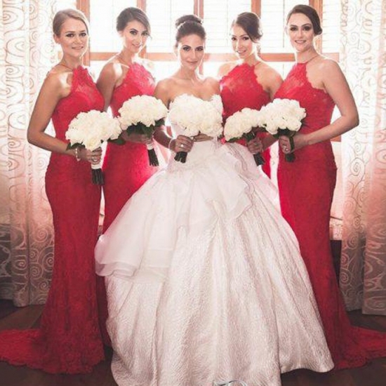 Elegant Jewel Sleeveless Sheath Red Lace Bridesmaid Dress with Sweep Train - Click Image to Close