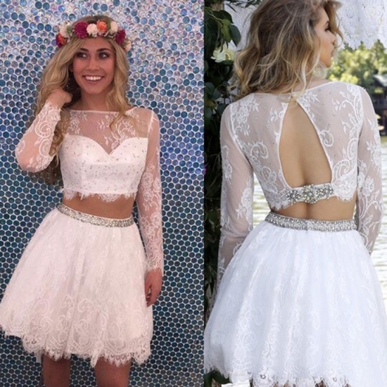 Modern 2 Piece Homecoming Dress - Short White Lace with Long Sleeves Beaded Open Back - Click Image to Close