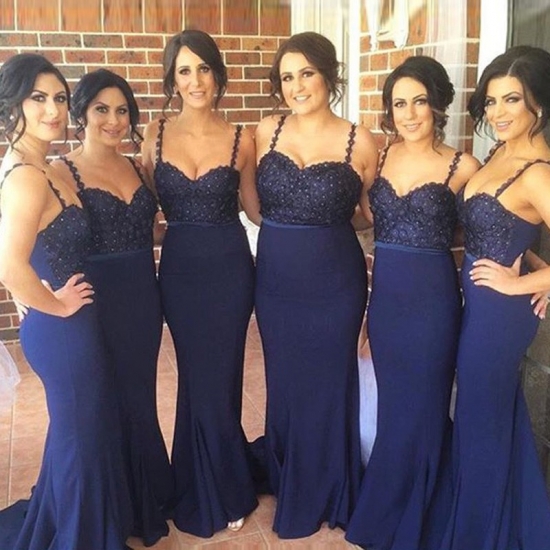 Stylish Mermaid Bridesmaid Dress - Navy Blue Spaghetti Straps Sweeep Train with Beading - Click Image to Close