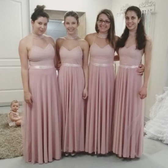 Stylish Pearl Pink Bridesmaid Dress - Beading Halter Sleeveless Long with Sash - Click Image to Close