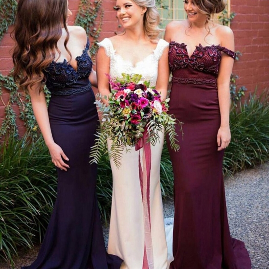 Fabulous Maroon/Navy Bridesmaid Dress - Off Shoulder Mermaid Sweep Train with Beading - Click Image to Close