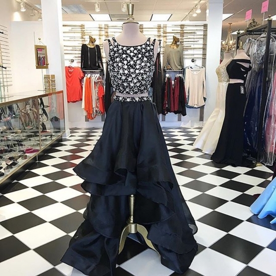 Asymmetrical Two Piece A-Line Black Prom Dress - Crew High Low Tiered Beading - Click Image to Close