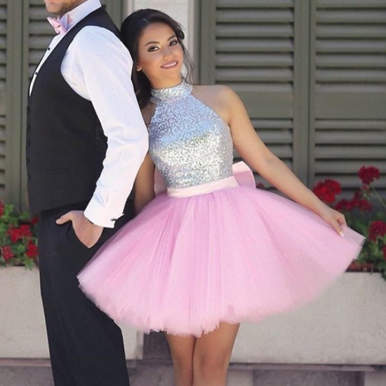 Ball Gown High Neck Short Pink Tulle Homecoming Dress with Sequins Bowknot - Click Image to Close