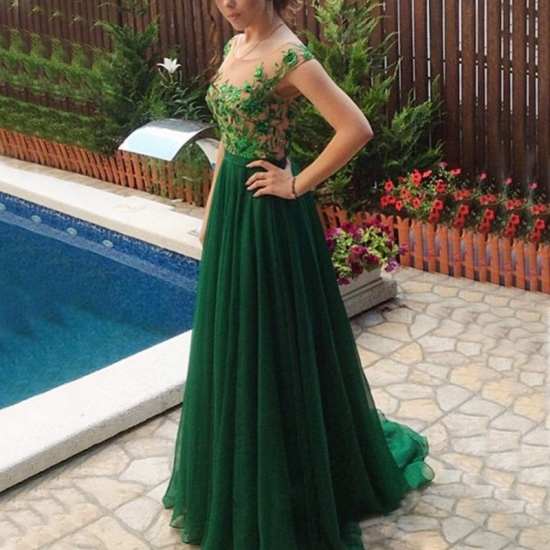 A-Line Bateau Cap Sleeves Dark Green Chiffon Prom Dress with Beading Appliques - Click Image to Close