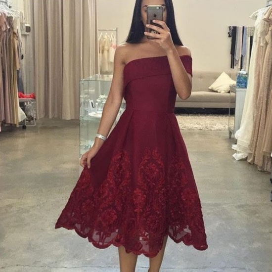 A-Line One Shoulder Tea-Length Burgundy Satin Homecoming Dress with Lace - Click Image to Close