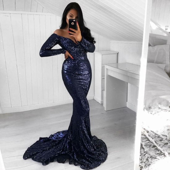 Mermaid Off-the-Shoulder Long Sleeves Sweep Train Sequined Prom Dress - Click Image to Close