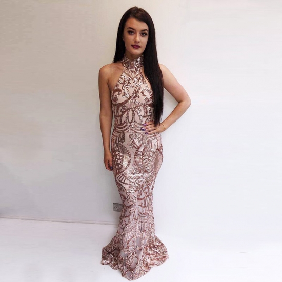 Mermaid High Neck Backless Champagne Sequined Prom Dress - Click Image to Close