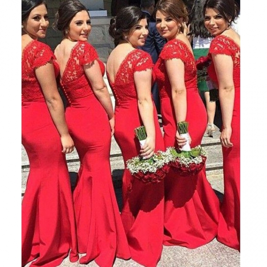 Elegant Plus Size Bridesmaid Dress -Red Mermaid V-Neck with Lace - Click Image to Close