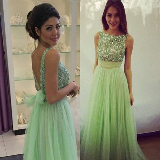 Long Backless Tulle Beading prom Dress -- Mint Green A-Line Scoop with Sash - Click Image to Close