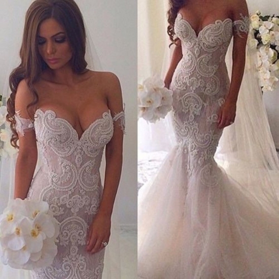 Glamour Off-the-Shoulder Mermaid Wedding Dress with Appliques - Click Image to Close