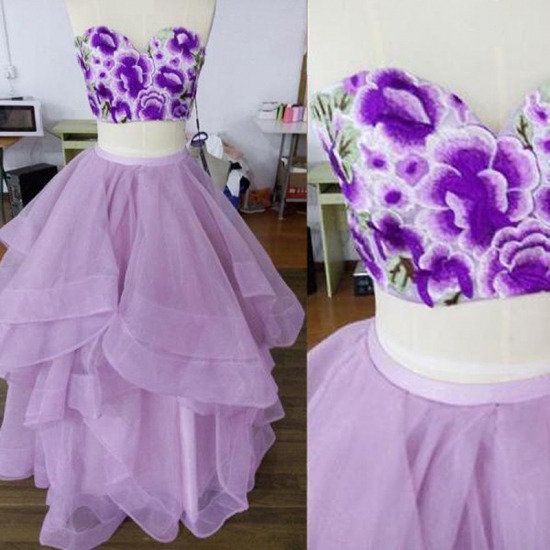 Gorgeous Two Piece Sweetheart Floor-Length Lilac Organza Homecoming Dress with Embroidery - Click Image to Close