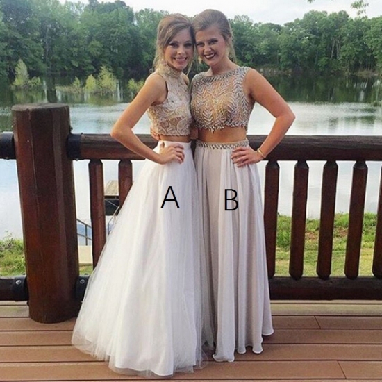 Two Piece High Neck Floor-Length White Tulle Prom Dress with Lace - Click Image to Close