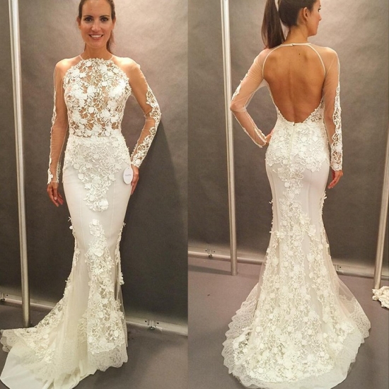 Honorable Mermaid Long Wedding Dress - Crew Neck Long Sleeves Open Back with Lace - Click Image to Close