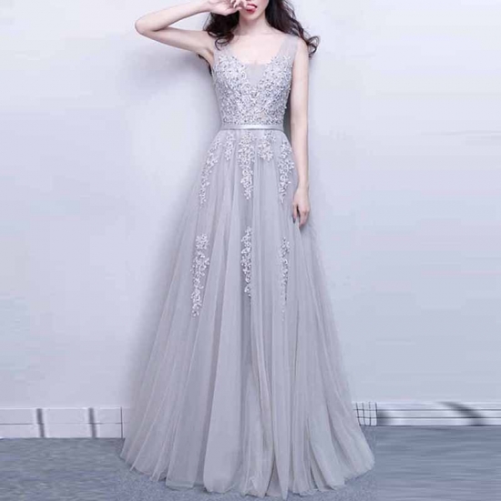 Grey A-line Scoop Floor-Length Prom Dress with Sash Beading Appliques - Click Image to Close