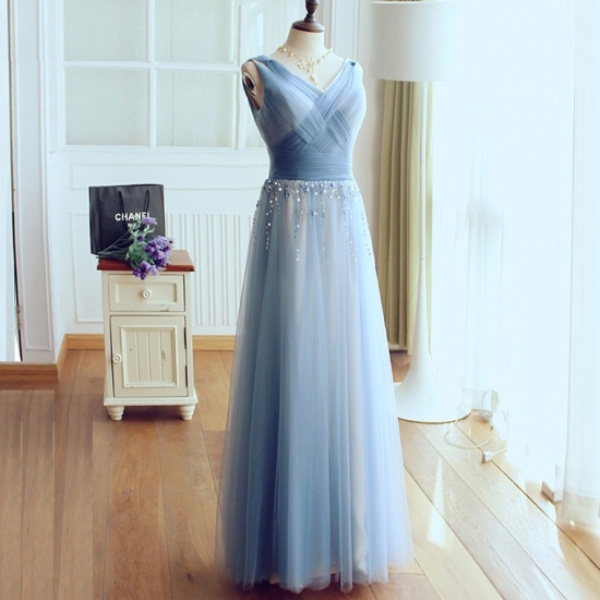 A-Line V-Neck Long Light Sky Blue Tulle Prom Dress with Beading - Click Image to Close