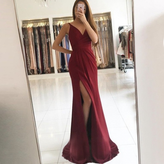 Sheath V-Neck Sweep Train Burgundy Elastic Satin Prom Dress with Split - Click Image to Close