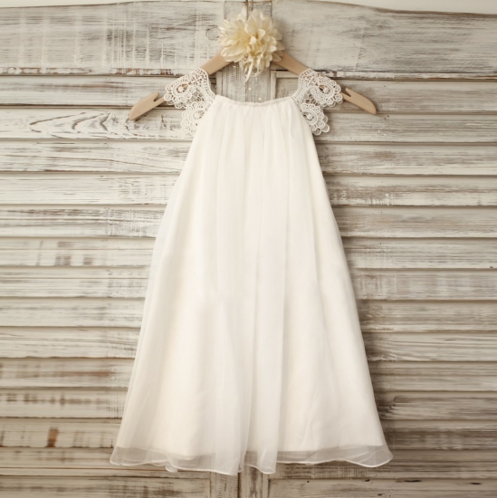 A-Line Scoop Tea-Length White Chiffon Flower Girl Dress with Lace - Click Image to Close