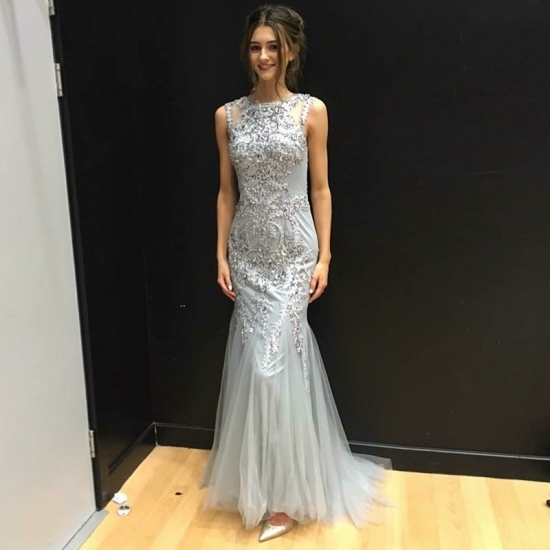 Mermaid Round Neck Sweep Train Silver Prom Dress with Appliques Beading - Click Image to Close