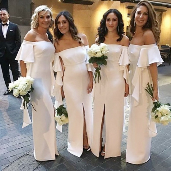 Mermaid Off-the-Shoulder Short Sleeves White Bridesmaid Dress with Ruffles - Click Image to Close