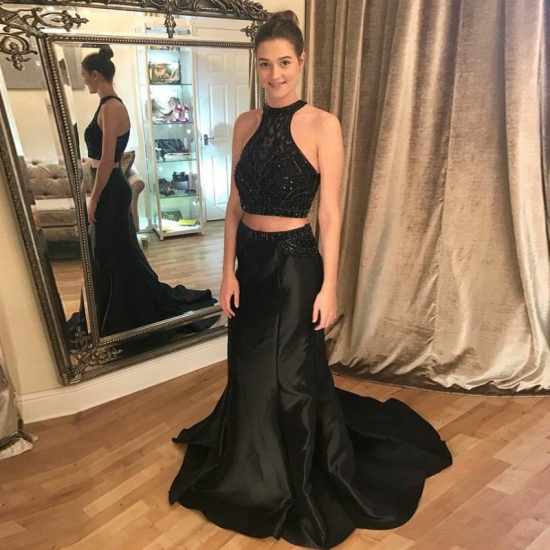 Two Piece Round Neck Sweep Train Black Prom Dress with Beading - Click Image to Close