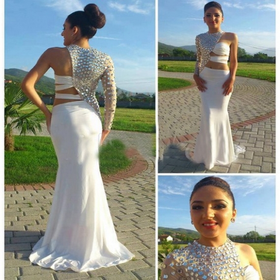 Hot Mermaid High Neck Floor Length Backless Chiffon White Prom Dress With Crystal - Click Image to Close