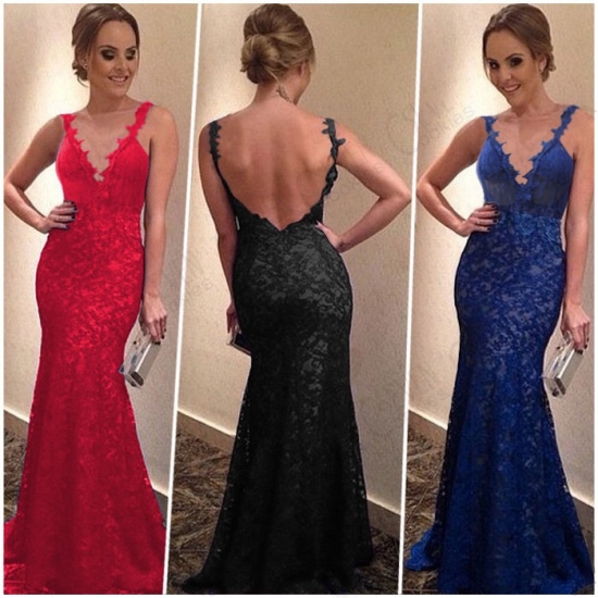 Floor Length Lace Backless Prom Dress -- Black Mermaid V-Neck - Click Image to Close