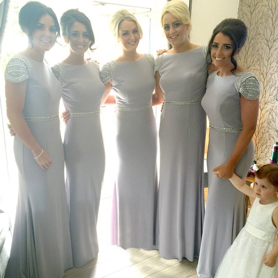 Mermaid Bateau Cap Sleeves Open Back Grey Bridesmaid Dress with Beading - Click Image to Close