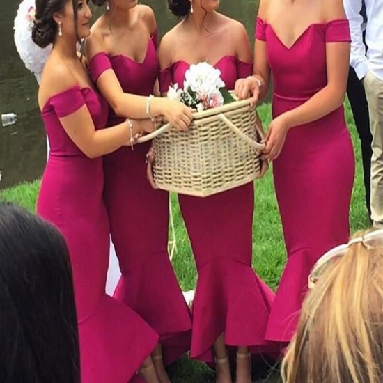 Generous Off Shoulder Mermaid Bridesmaid Dress - Fuchsia High-Low with Ruffles - Click Image to Close