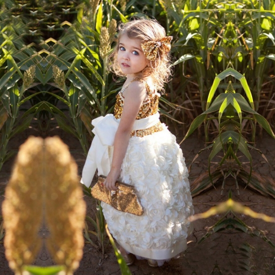 Cute Flower Girl Dress - Square Neck Sleeveless Hi-Low Organza with Sash Gold Sequined Top - Click Image to Close