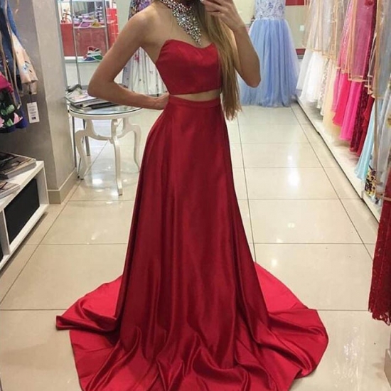 Fabulous Two Piece Red Prom Dress - Halter Sleeveless Sweep Train with Beading - Click Image to Close