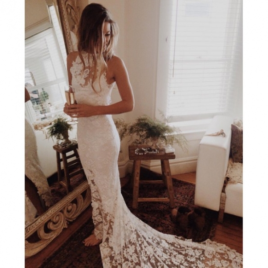 Mermaid Halter Backless Sweep Train Lace Wedding Dresses with Appliques - Click Image to Close