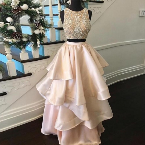 Youthful Pearl Pink Prom Dress - Two Piece Jewel Floor Length Tiered with Beading - Click Image to Close