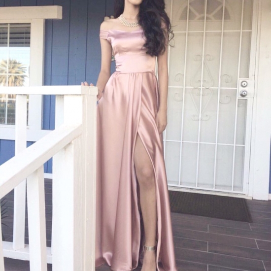 Long Blush Off-the-Shoulder Short Sleeves Split Prom Dress - Click Image to Close