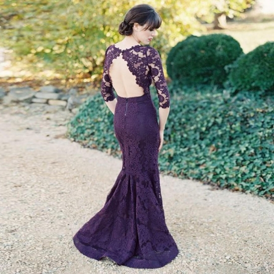 Mermaid Grape 3/4 Sleeves Bateau Long Open Back Lace Bridesmaid Dress - Click Image to Close