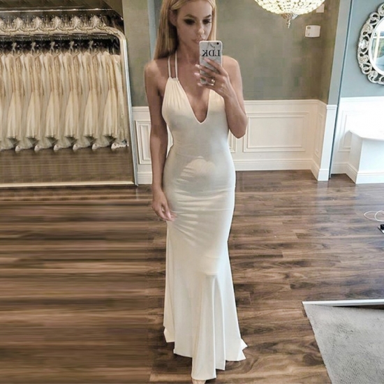 Mermaid Style V-neck Backless Sweep Train White Prom Dress - Click Image to Close