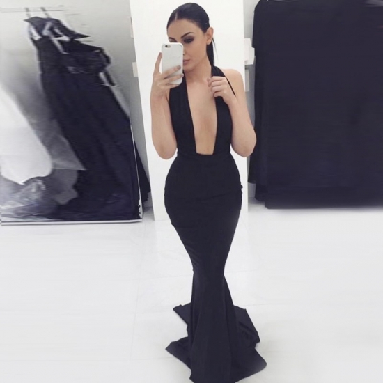 Mermaid Style Halter Backless Long Black Elastic Satin Prom Dress - Click Image to Close