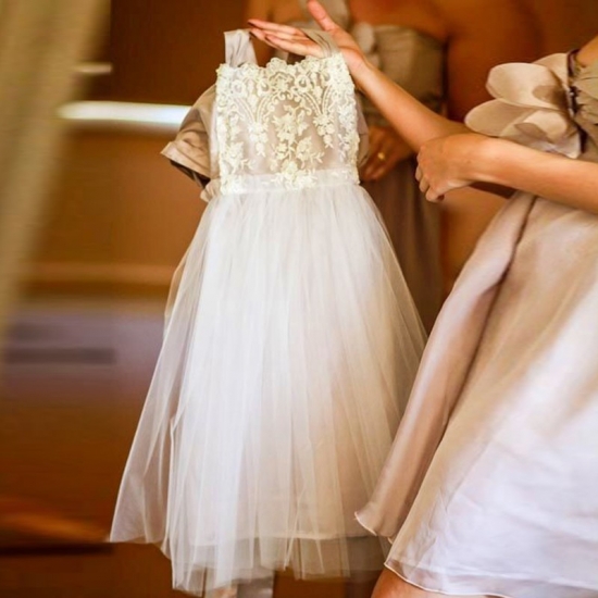 A-Line Square Tea-Length White Tulle Flower Girl Dress with Appliques - Click Image to Close