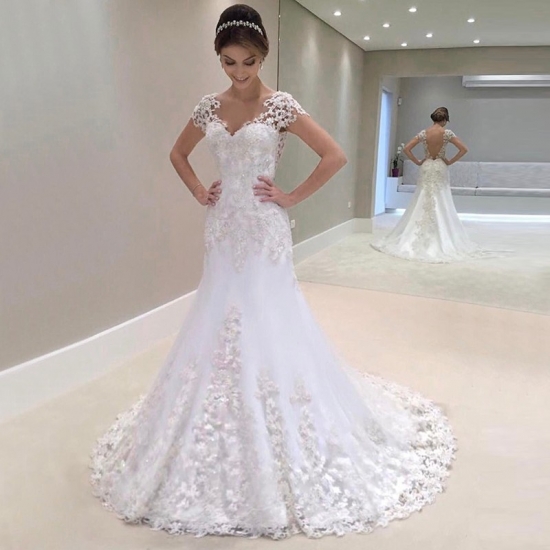 Sheath Illusion Bateau Sweep Train Wedding Dress with Beading Appliques - Click Image to Close