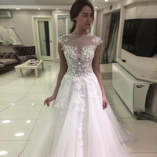 A-Line Bateau Cap Sleeves Court Train Wedding Dress with Lace Appliques - Click Image to Close