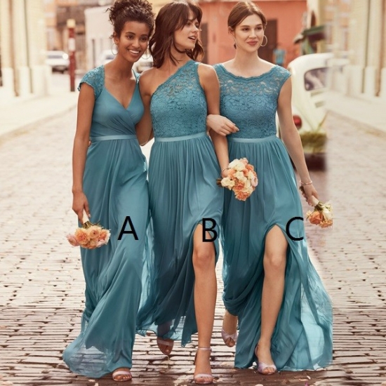 A-Line Scoop Cap Sleeves Dark Sage Chiffon Bridesmaid Dress with Lace - Click Image to Close