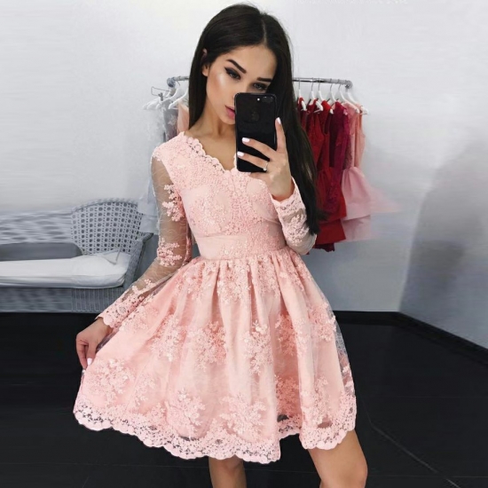 A-Line V-Neck Long Sleeves Short Pink Lace Homecoming Dress with Appliques - Click Image to Close