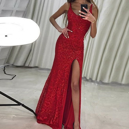 Mermaid Scoop Floor-Length Red Lace Prom Dress with Sequins Split - Click Image to Close