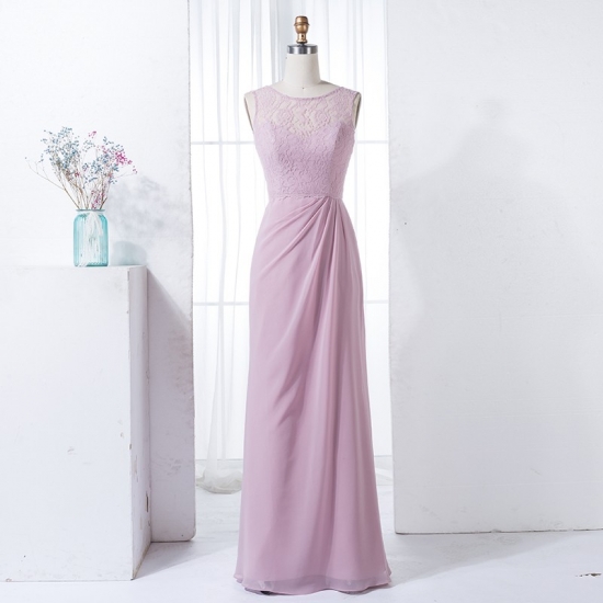 Sheath Round Neck Floor-Length Pink Bridesmaid Dress with Lace - Click Image to Close