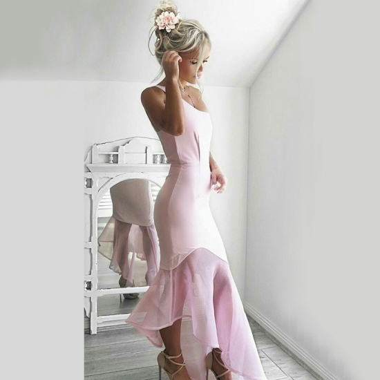 Mermaid One-Shoulder Asymmetry Long Pink Prom Dress - Click Image to Close